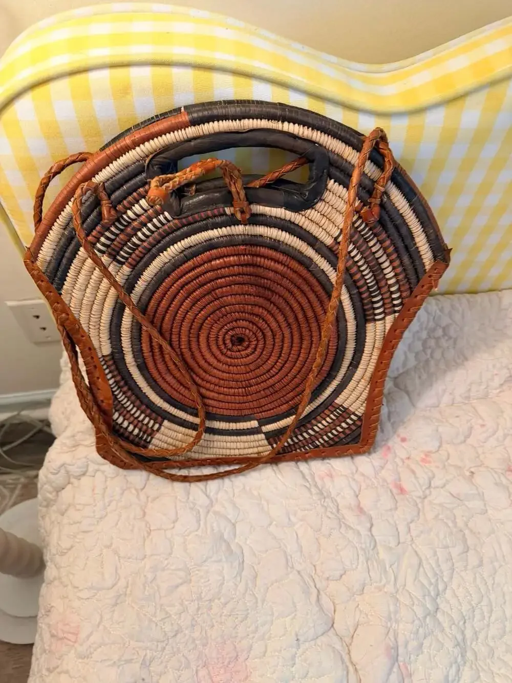 Vintage Handwoven African Bolga Round Leather-Trimmed Crossbody Bag